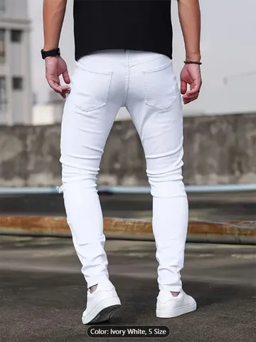Men's High Street White Ripped Jeans Biker Slim Fit Skinny Denim Pants With Pleated Detail Cotton Blend Casual Trousers