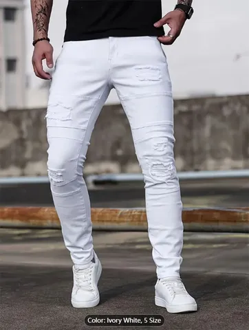 Men's High Street White Ripped Jeans Biker Slim Fit Skinny Denim Pants With Pleated Detail Cotton Blend Casual Trousers