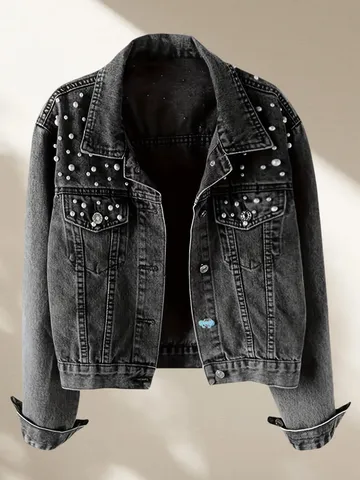 Damen Casual Denim Jacke Langarm Perlenbesetzt Knopfleiste Revers Kurze Oberbekleidung Streetwear Mode Mantel