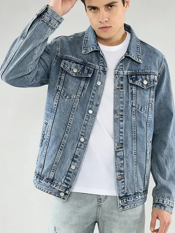 Klassische Herren Jeansjacke Slim Fit Einfarbig Langarm Washed Blue Denim Jacke Reverskragen Herren Oberbekleidung