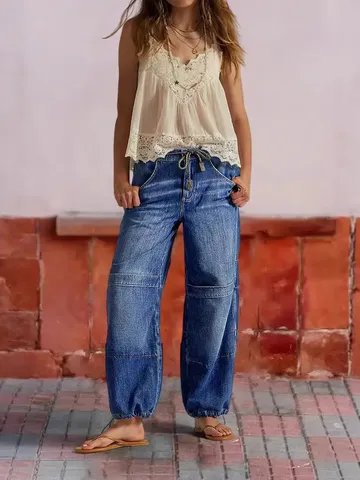 Damen Casual Locke Weite Beine Denim Jeans Hohe Taille Kordelzug Baggy Hosen Mode Streetwear Blau Denim Hosen