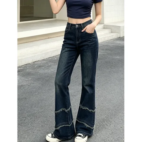 Damen Hohe Taille Denim Jeans Casual Stretch Schlaghose Patchwork Offene Kante Slim Fit Modische Denim Hosen