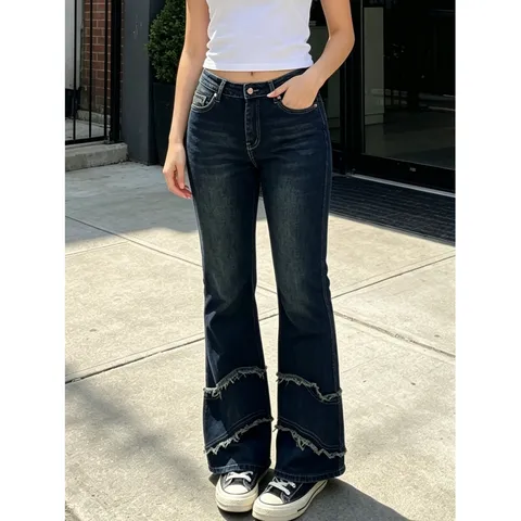 Damen Hohe Taille Denim Jeans Casual Stretch Schlaghose Patchwork Offene Kante Slim Fit Modische Denim Hosen