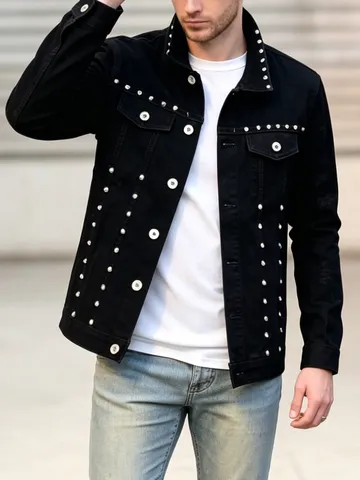 Herren Freizeit Jeansjacke Mode Schwarz Niete Revers Einreiher Baumwolle Oberbekleidung