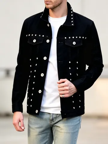 Herren Freizeit Jeansjacke Mode Schwarz Niete Revers Einreiher Baumwolle Oberbekleidung