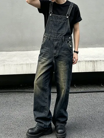 Men's Casual Denim Overalls Loose Straight Leg Jumpsuit Vintage Washed Cotton Streetwear Fashion Cargo Pants