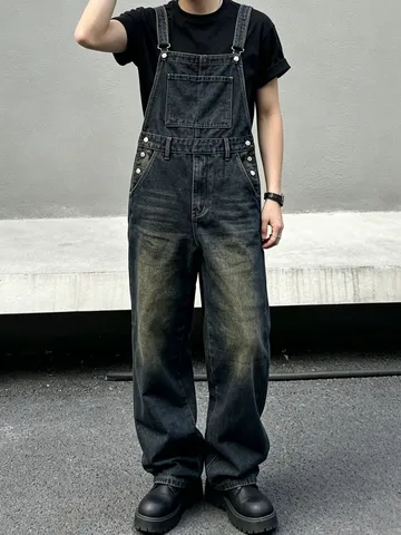 Men's Casual Denim Overalls Loose Straight Leg Jumpsuit Vintage Washed Cotton Streetwear Fashion Cargo Pants
