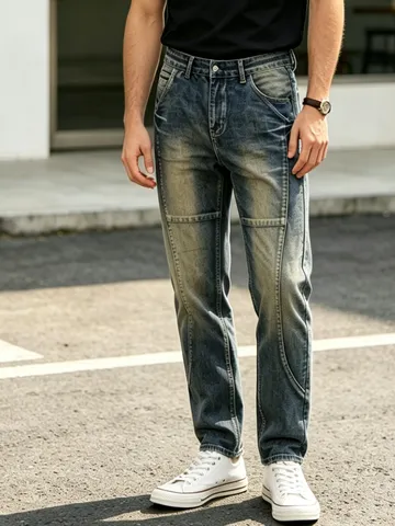 Herren Amerikanischer Retro Vintage Washed Gerade Jeans Casual Lose High Street Denim Hosen Alltägliche Kleidung