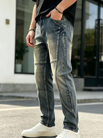 Herren Amerikanischer Retro Vintage Washed Gerade Jeans Casual Lose High Street Denim Hosen Alltägliche Kleidung