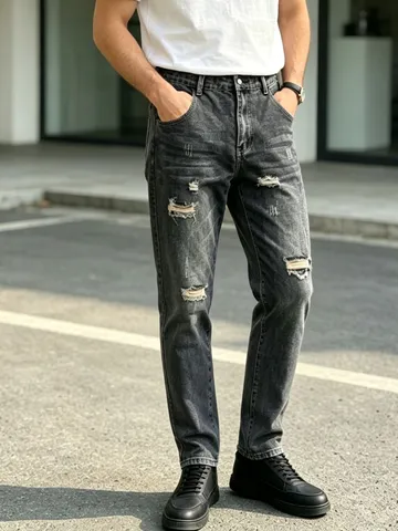 Jeans Dritti Strappati da Uomo Pantaloni in Denim Casual Lavati Vintage Hip Hop Streetwear Lunghezza Piena Vestibilità Regolare