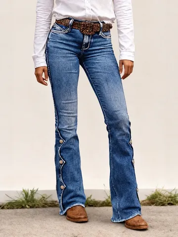 Women Casual High Waist Slim Fit Flare Jeans American Style Street Fashion Washed Denim Pants With Button Raw Hem