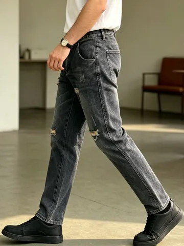 Jeans Dritti Strappati da Uomo Pantaloni in Denim Casual Lavati Vintage Hip Hop Streetwear Lunghezza Piena Vestibilità Regolare