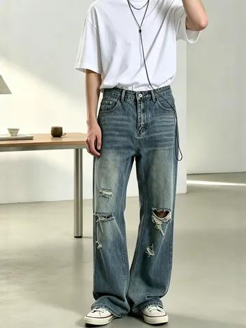 Herren Casual Lockere Gerade Denim Jeans Vintage Distressed Zerrissene Hohe Taille Lange Baumwolle Denim Hose