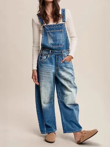 Women Casual Vintage Denim Overalls Loose Straight Leg Long Pants Cotton Wash Jeans Pocket Fashion Streetwear