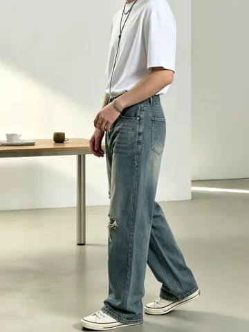 Herren Casual Lockere Gerade Denim Jeans Vintage Distressed Zerrissene Hohe Taille Lange Baumwolle Denim Hose