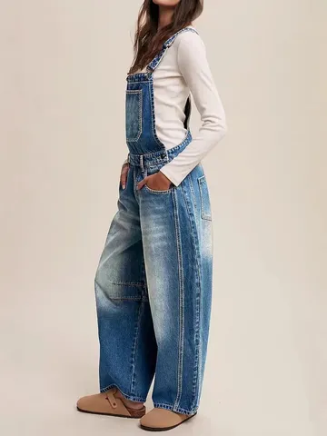Women Casual Vintage Denim Overalls Loose Straight Leg Long Pants Cotton Wash Jeans Pocket Fashion Streetwear