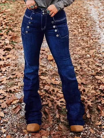 Women's Vintage High Waist Flare Jeans Slim Fit Casual Denim Pants With Button Pockets Fashion Long Trousers