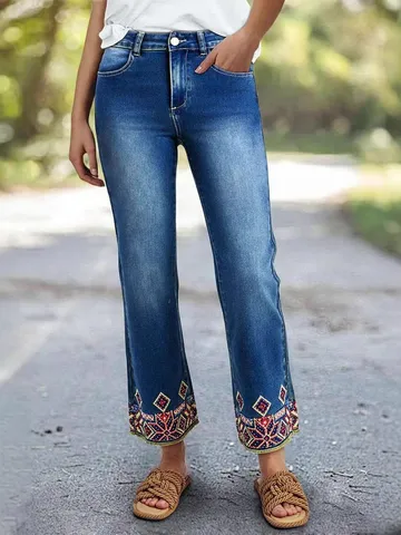 Women's Casual Mid-Waist Slim Straight Cropped Jeans Retro Blue Denim Pants With Colorful Embroidery Details