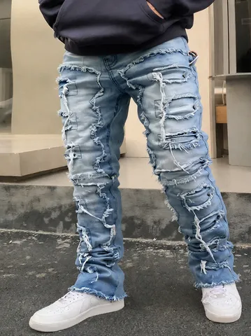 Herren Streetwear Lässige Gerade Denim Jeans Distressed Patchwork Rohe Kante Lose Passform Baumwollmischung Hose