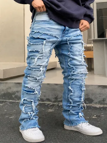 Herren Streetwear Lässige Gerade Denim Jeans Distressed Patchwork Rohe Kante Lose Passform Baumwollmischung Hose