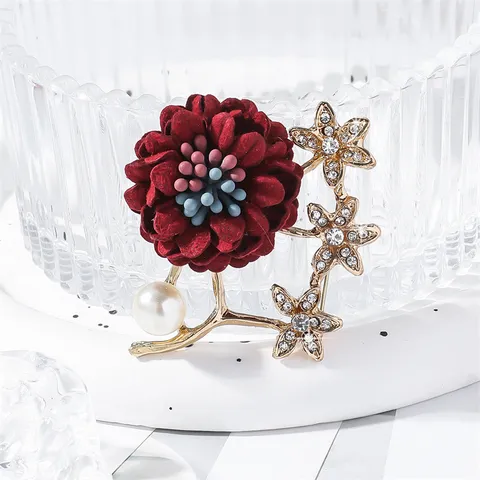 Femme Mode Tissu Fleur Broche Alliage de Zinc Strass Perle Artificielle Badge Floral Élégant Épinglette Bijoux Accessoire