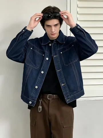 Herren Casual Gewaschene Jeansjacke Vintage Revers Langarm Baumwolle Oberbekleidung Frühling Mode Lose Arbeitskleidung Denim Blau Top