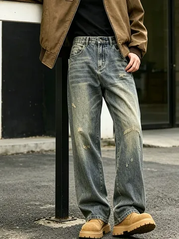 Herren Vintage Distressed Gerissene Denim Jeans Lässig Lose Gerades Bein Lange Hose