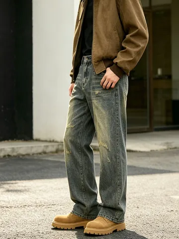 Herren Vintage Distressed Gerissene Denim Jeans Lässig Lose Gerades Bein Lange Hose