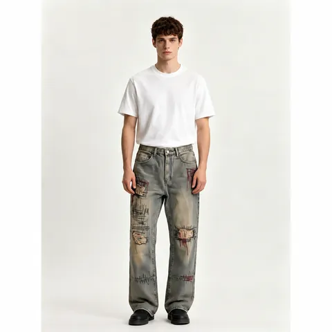 Herren Casual Gewaschen Zerrissen Graffiti Print Lockere Gerade Jeans Vintage Streetwear Baumwolle Denim Hose
