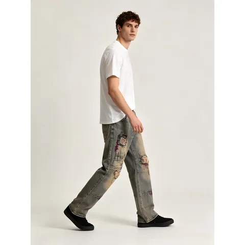Herren Casual Gewaschen Zerrissen Graffiti Print Lockere Gerade Jeans Vintage Streetwear Baumwolle Denim Hose