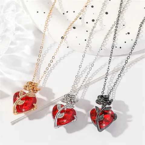 Gotischer Dunkler Stil Rose Herz Anhänger Halskette Für Damen Zinklegierung Strass Choker Halloween Valentinstag Schmuck Geschenk