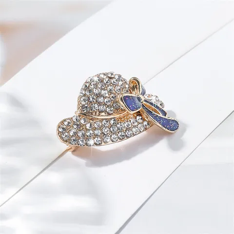 Fashion Zinc Alloy Rhinestone Bow Knot Hat Brooch For Women Shiny Small Luxury Design Pin For Suit Coat Decoration