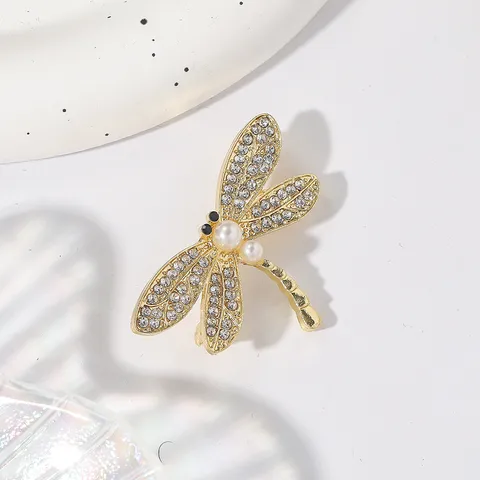 Trendy Zinc Alloy Rhinestone Artificial Pearl Dragonfly Brooch Pin For Women Suit Coat Insect Lapel Pin Jewelry Accessory