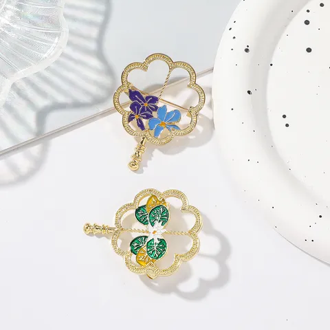 Broche de Abanico Calado Vintage Chino Aleación de Zinc Esmalte Flor Hoja Alfiler Ropa Insignia Para Oficina Mujeres Joyería de Moda