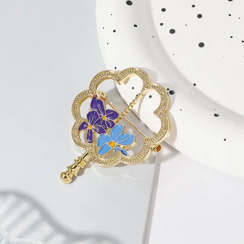 Broche de Abanico Calado Vintage Chino Aleación de Zinc Esmalte Flor Hoja Alfiler Ropa Insignia Para Oficina Mujeres Joyería de Moda