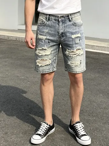 Herren Casual Jeansshorts Amerikanischer Retro Distressed Farbspritzer Gerader Schnitt Knielang Sommer Denim Unterteile