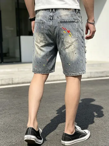 Herren Casual Jeansshorts Amerikanischer Retro Distressed Farbspritzer Gerader Schnitt Knielang Sommer Denim Unterteile