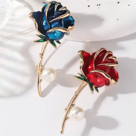 Elegant Zinc Alloy Enamel Rose Brooch For Women Artificial Pearl Flower Lapel Pin Fashion Floral Apparel Brooch Jewelry Gift