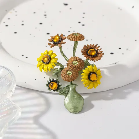 Vintage Van Gogh Sunflower Enamel Brooch For Women Zinc Alloy Rhinestone Flower Vase Lapel Pin Fashion Jewelry Accessories Gift
