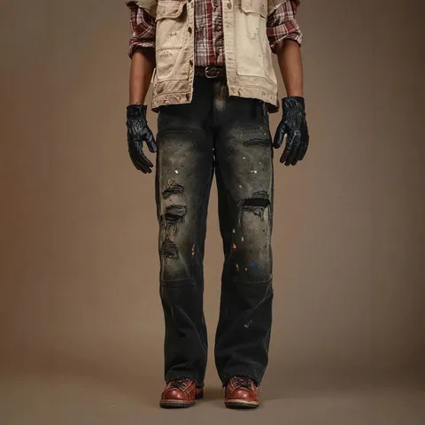 Herren High Street Distressed Graffiti Denim Jeans Lose Gerade Freizeithose Vintage Streetwear Hose