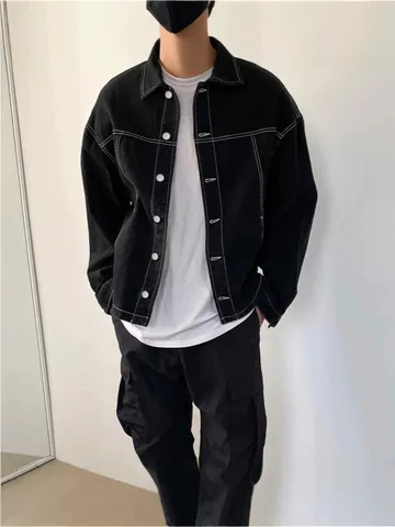 Herren Casual Baumwolle Jeansjacke Einfarbig Revers Einreiher Langarm Oberteil Amerikanisch Stil Mode Streetwear