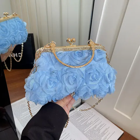 Elegante Borsa da Sera in Stile Cinese con Fiori Tridimensionali Borsa a Tracolla Moda con Catena in Metallo Pochette Donna