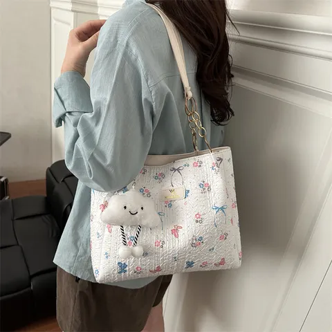 Damen Canvas Bestickte Schmetterling Tote Bag Casual Grosse Kapazität Schulter Handtasche Mit Süsser Wolke Anhänger Urban Chic