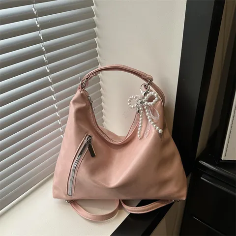 Women PU Leather Tote Bag Minimalist Urban Shoulder Bag Convertible Backpack With Pearl Bow Daily Commuting Handbag