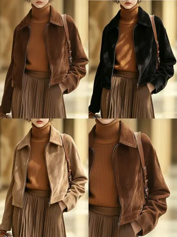 Women's Vintage Suede Jacket Slim Fit Lapel Zipper Coat Retro Patchwork Suede Outerwear Solid Color Casual Mid-Length Top