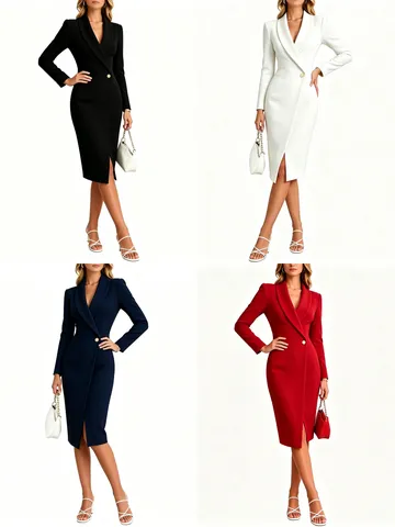 Women's Elegant Lapel Single-Button Long Sleeve Bodycon Midi Dress Professional Business Party Work Wear Dress