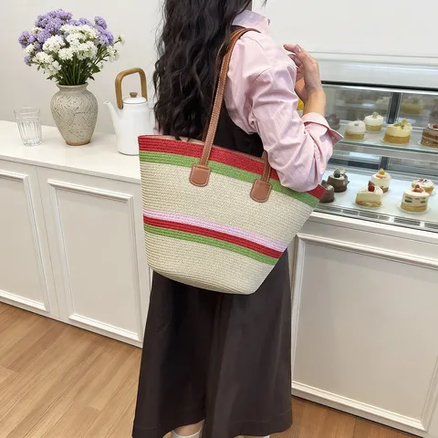 Damen Casual Stroh Gewebte Schultertasche Große Kapazität Gestreifte Beuteltasche Strandtasche Mit Strohhut PU Ledergriff Sommerurlaub