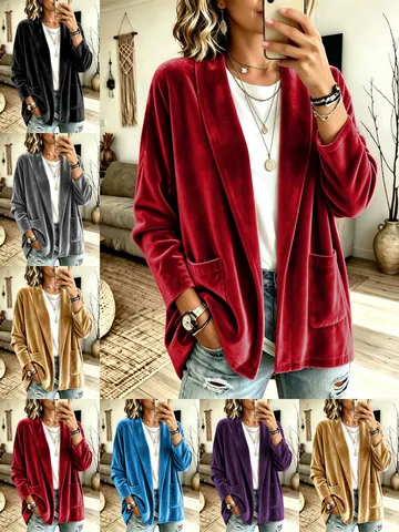 Mujer Casual Color Sólido Terciopelo Dorado Manga Larga Frente Abierto Cárdigan Abrigo Ropa Bolsillos Moda Otoño Invierno