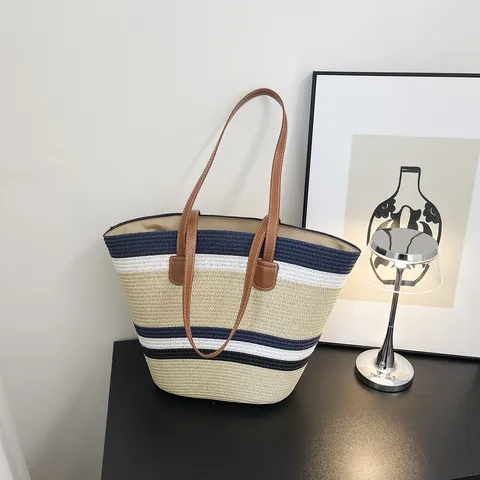 Damen Casual Stroh Gewebte Schultertasche Große Kapazität Gestreifte Beuteltasche Strandtasche Mit Strohhut PU Ledergriff Sommerurlaub