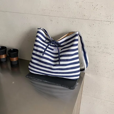 Damen Casual Segeltuch Tragetasche Großes Kapazität Gestreifte Umhängetasche Schleife Kordelzug Pendler Handtasche Tägliche Reise Tasche